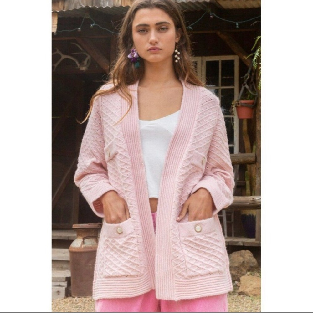 POL Clothing NEW Women's Baby Pink Luxe Open Cardigan Sweater with Buttons Large